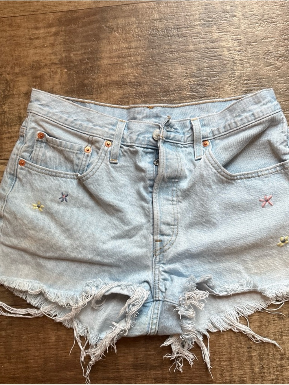 Levi's Light Blue Denim Jean Shorts with Pastel Flower Embroidery